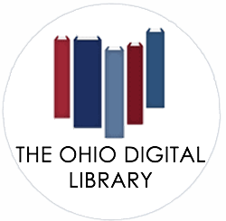 A row of book spines shaped like the state of Ohio with the words The Ohio Digital Library