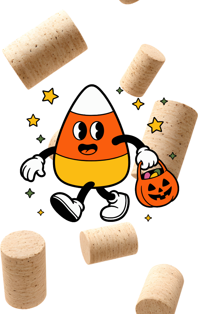 A cartoon candy corn walks in front of some wine corks