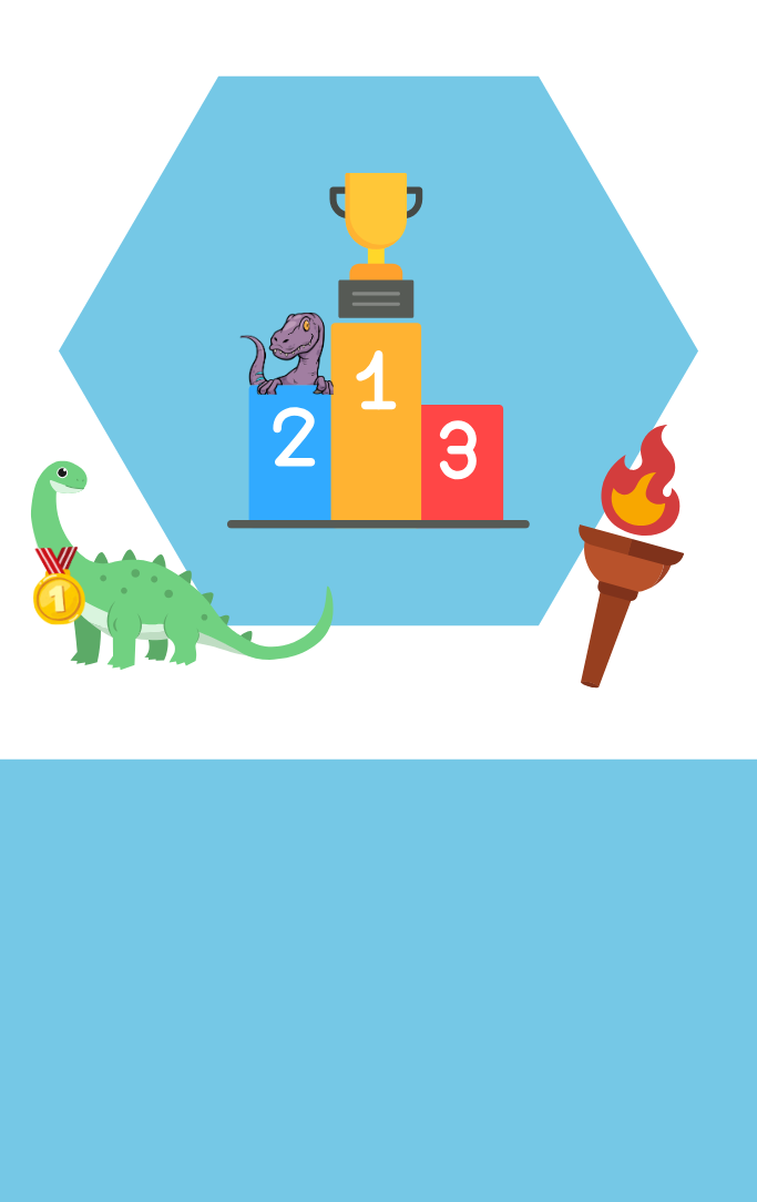 A dinosaur in front of an Olympic podium