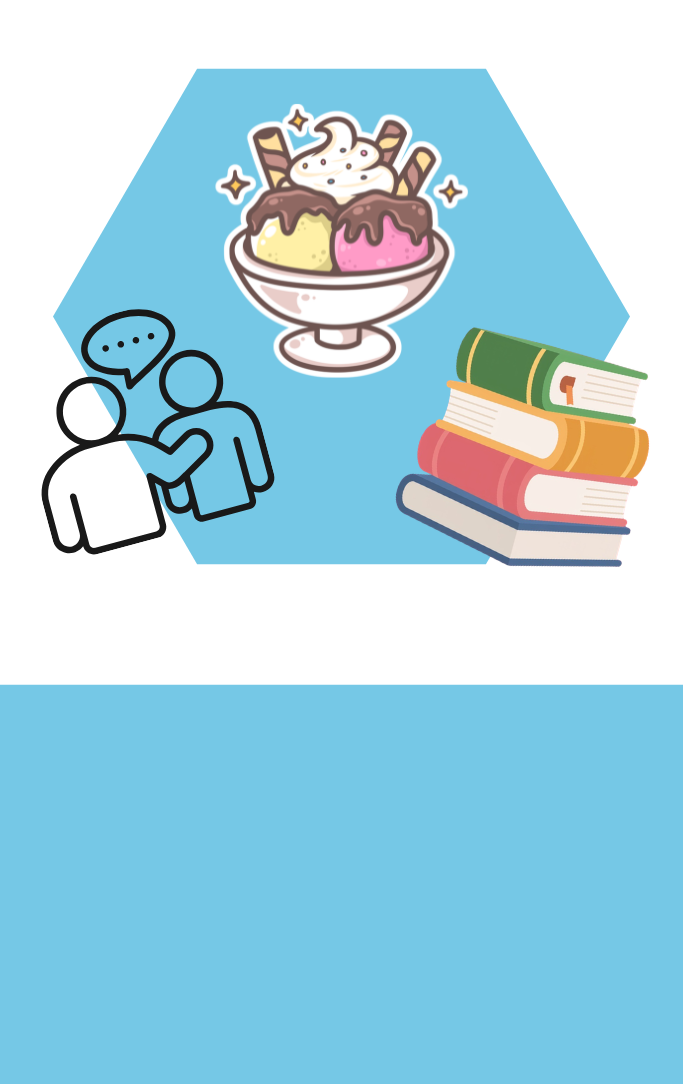 an ice cream graphic surronded by books and people talking