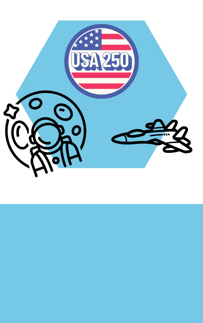 America 250 logo with a jet and astronaut graphic