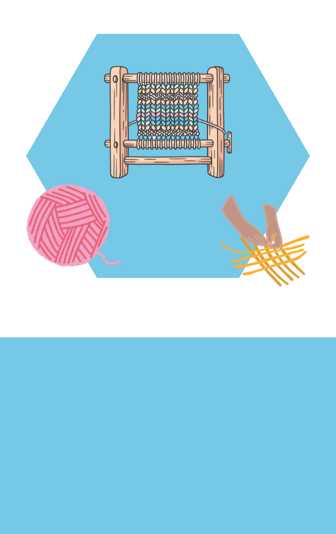 a pair of hands weave next to a loom and a ball of yarn