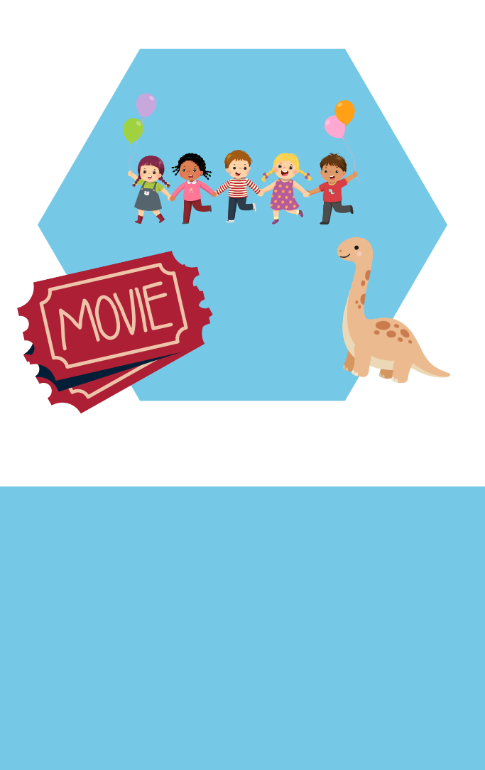Kids with movie tickets running from a dinosaur