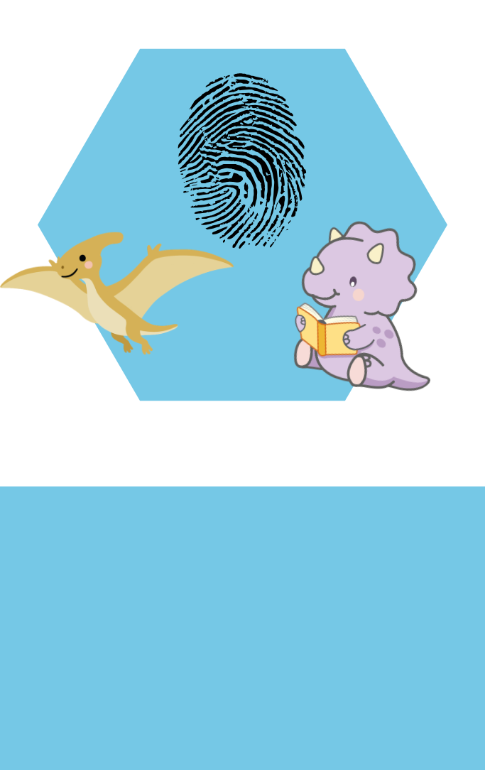 A finger print surrounded by dinosaurs 
