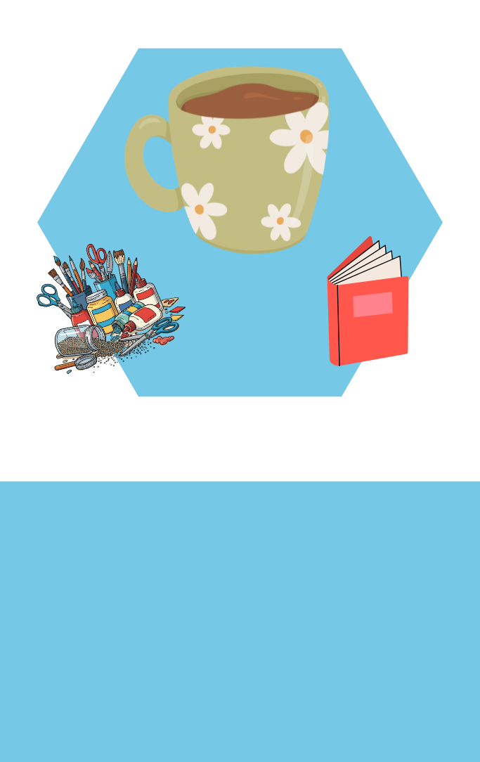 a flowery mug with a book and craft supplies